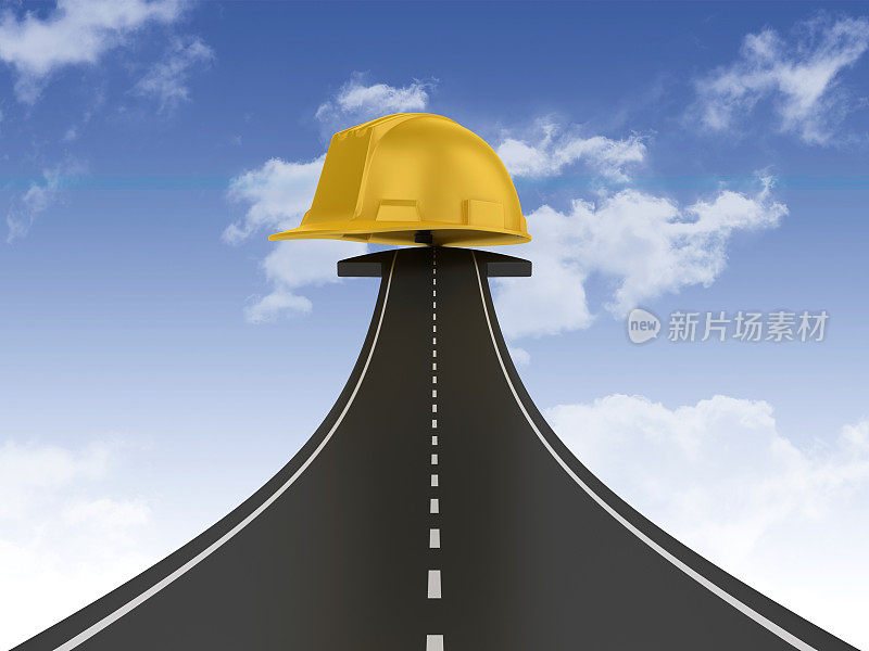 道路箭头与建设头盔上的天空- 3D渲染